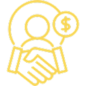 A yellow icon of two people shaking hands.